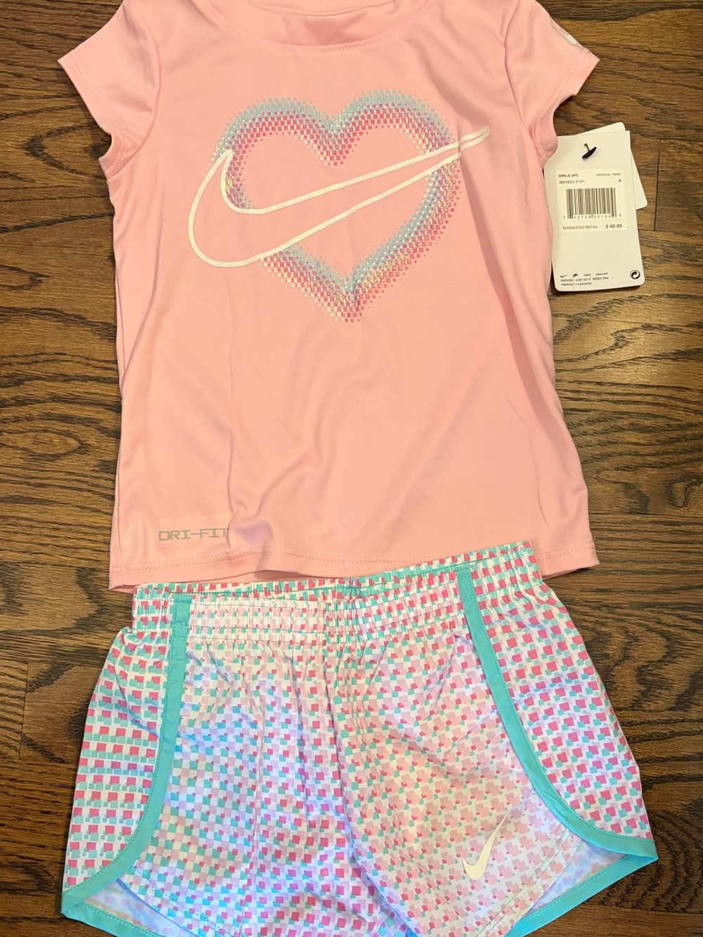 Nike Pink Heart Dri-FIT Top with Multicolor Trim Shorts Set